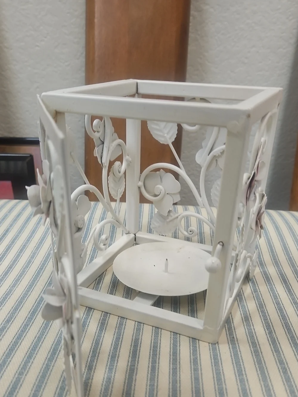 Vintage Decorative White Floral Metal Rose Candle Holder with pink accents.